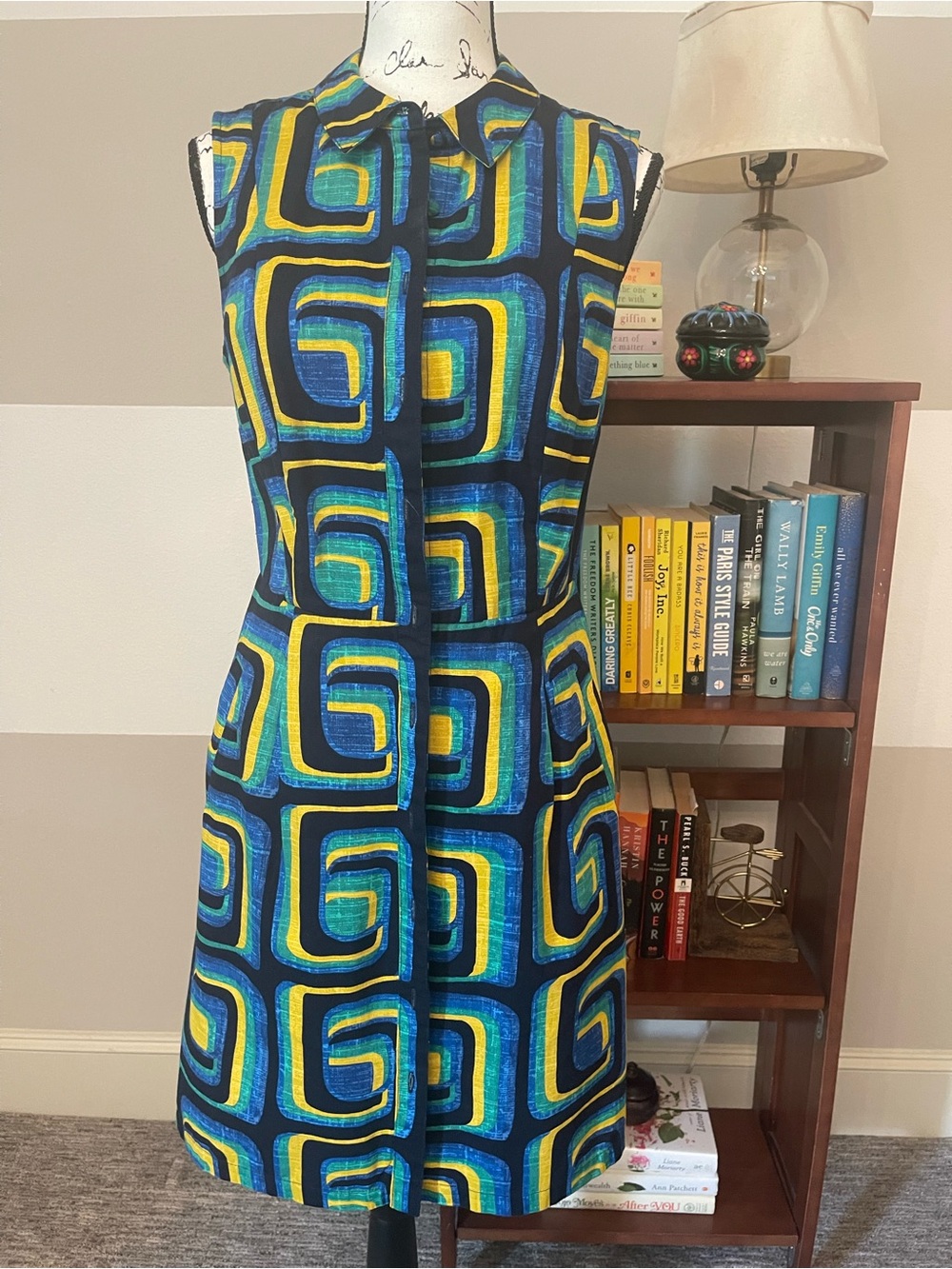 Boden Sleeveless Shift Dress in Blue & Yellow Geometric Print